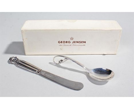 Georg Jensen butter knife and spoon, the butter knife with import marks, stamped Georg Jensen, Sterling Denmark, together wit