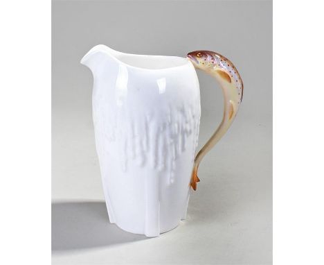 Royal Worcester for Asprey's porcelain jug, decorated by Harry Ayrton, the white body with molded water drops, a polychrome d