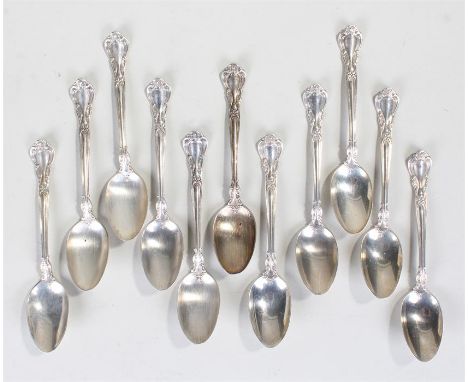 Set of eleven Ryrie Sterling silver teaspoons, patented 1895, with C scroll handles, total weight 7.4oz