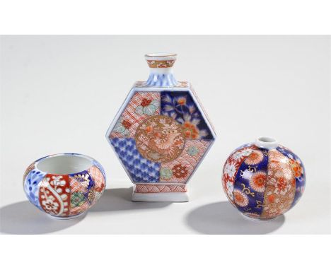 Japanese miniature Fukagawa porcelain miniature vase, of hexagon form, decorated in the Imari design, together with an ovoid 