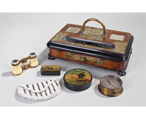 Mixed works of art, to include two papier mache snuff boxes, opera glasses, a bead bag, compass and a Victorian desk stand, (