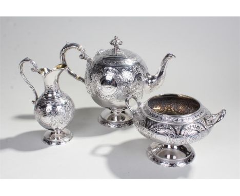 Fine Victorian Scottish three piece tea set, Edinburgh 1874/1875, maker William Marshal, the crown surmounted teapot above st