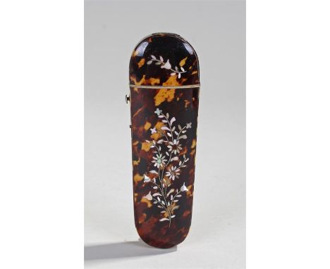 Victorian tortoiseshell and mother of pearl inlaid spectacle case, the tapering rectangular arched case with hinged top and f