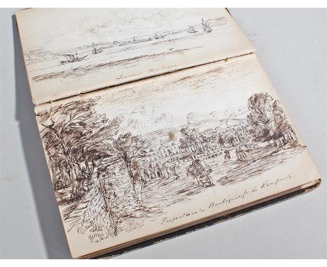 Victorian pen and ink sketch pad, the bound book with figures in lanes, shipping scene, buildings, etc