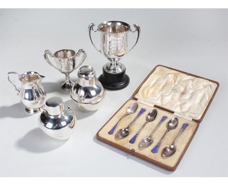 Collection of silver, various dates and makers, to include a cased set of silver and enamel spoons, two trophies, a jug and t