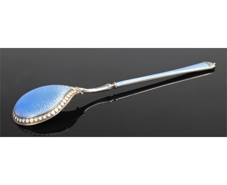 Silver and guilloche enamel spoon, the tapering spoon stem with acorn top, a shallow bowl with enamel back, marked 925, 15.5c