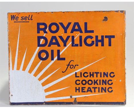 Enamel sign, Royal Daylight Oil, for Lighting, Cooking, Heating, blue text on orange, double sided, 51cm wide