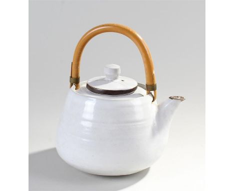 Lucie Rie  (1902 - 1995) stoneware teapot, the domed body with all-over white glaze, the lid with a manganese edge, looping c