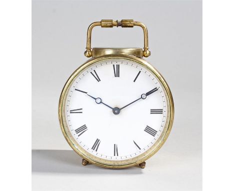 French gilt brass carriage clock, the drum case with circular glass top, white enamel dial with black Roman hours, lever plat
