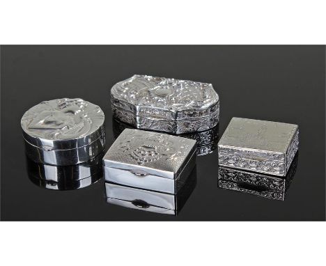 Four silver pill boxes, circular with decoration of woman playing harp, square with thistle design on lid, square with engrav