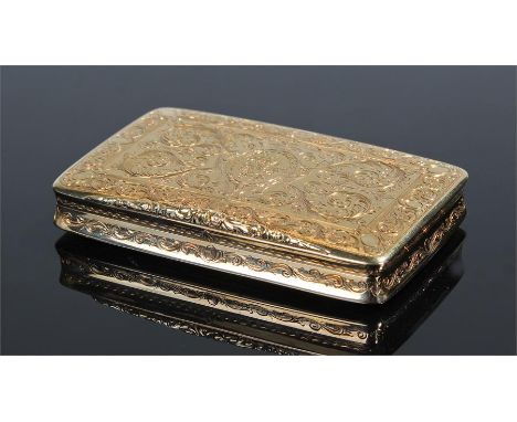 Fine French 18 carat gold snuff box, the rectangular box with a foliate medallion and acanthus leaf scrolls, the surround wit