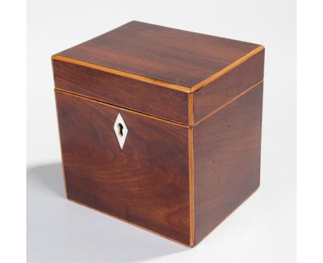 George III mahogany and boxwood banded tea caddy, the rectangular body with ivory escutcheon, internal lid present, 11.5cm wi