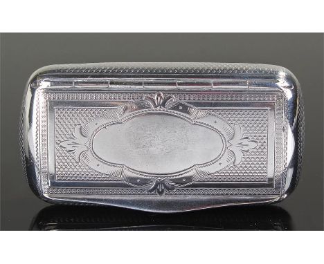 19th Century Continental silver snuff box, marks rubbed, 800 silver, the hinged engine turned lid enclosing a silver gilt int