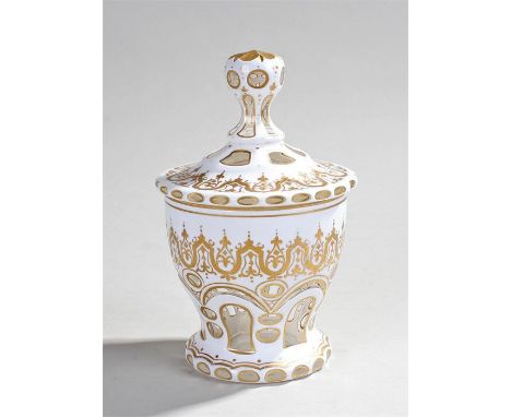 19th Century Bohemian glass bon-bon dish, the white enamel and gilt lid above a decorated body on a thick arched base, 17cm h