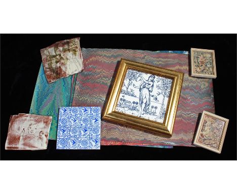 Marit Ammerud, two tiles with lined figures, together with a William Morris design tile, another tile and two pictures, (7)