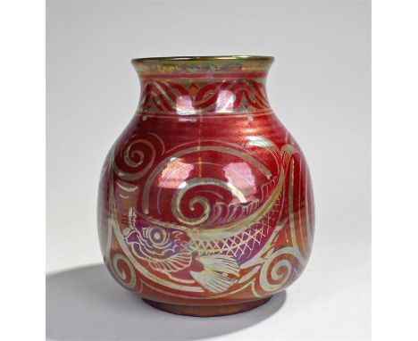 Pilkington Lancastrian, W.S. Mycock  ruby lustre pottery vase with gold lined fish in gold swirls with a red ground, the base