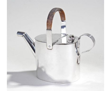 Christopher Dresser for Hukin and Heath silver plated bachelor teapot, the arched, cane covered, handle above an oval hinged 