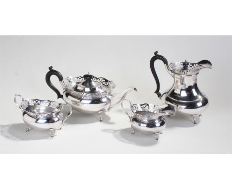 George V silver four piece tea service, Birmingham 1935, maker K ltd,  to include a teapot, coffee pot, sugar bowl and milk j