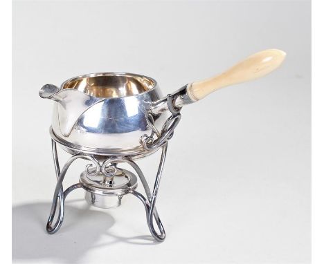 Victorian silver plated brandy warmer and burner stand, maker Henry Wilkinson & Co Ltd, with ivory handle, spout to the side 