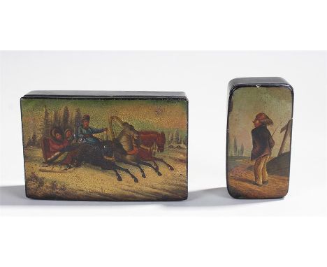 19th Century Russian lacquered papier mache snuff box, the lid painted with a Troika within a landscape, 12cm wide, together 