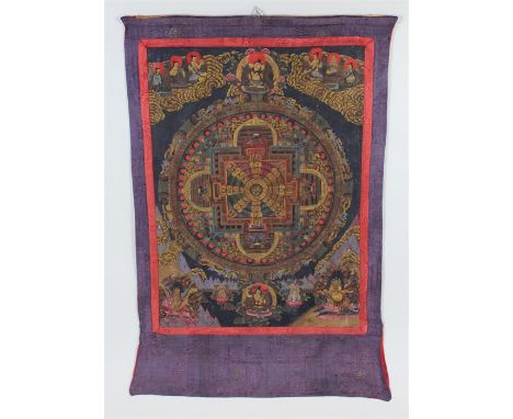 Tibetan school 19th Century Yantra Mandala Thangka, the central Mandala with deity surround, hand painted on silk, 66cm wide,