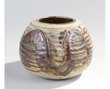 Michael Casson (1925 - 2003) Studio Pottery vase, the ribbed body with an arching brown surround, stamp mark to the base, 11c