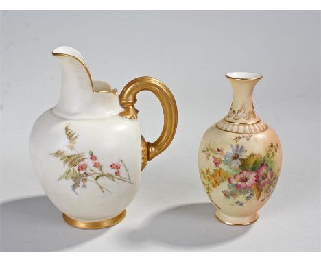 Two Royal Worcester porcelain pieces, to include an ivory blush ware jug decorated with ferns and flowers, numbered 1094, 13c