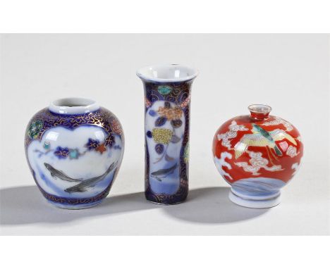 Japanese miniature Fukagawa porcelain miniature vases, to include a cylinder vase decorated with flowers and a fish, a vase d