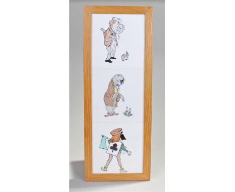 Set of three 1950's tiles, each a character on white ground, each tile 15cm x 15cm, framed