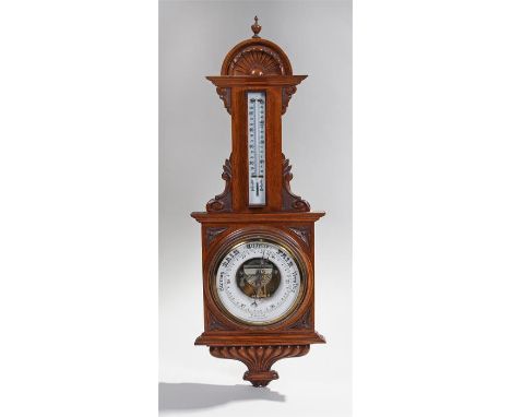 Early 20th Century oak barometer, Sneezum Bury St Edmunds, the arched top above a mercury thermometer and weather gauge dial,