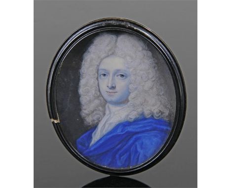 Circle of Benjamin Arlaud (Swiss circa 1670 - after 1731) portrait miniature watercolour on paper of a gentlemen with curled 