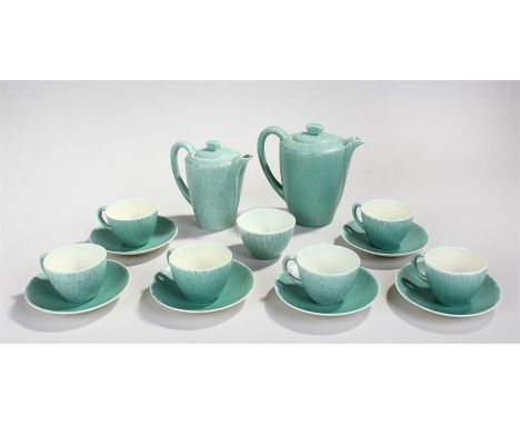 Poole Pottery tea service, circa 1934-1937, in pale green with grey flecking, consisting of six cups and saucers, a coffee po