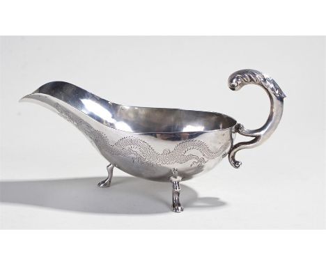 Early 20th Century Chinese export silver gravy boat, maker possible Wing Nam, with engraved dragon design