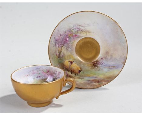 James Stinton for Royal Worcester miniature cup and saucer, painted with sheep on a pasture with purple blooming trees in the