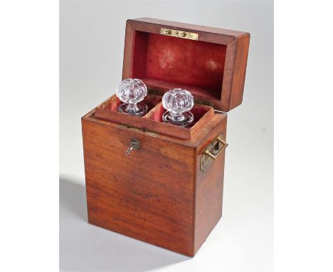 Victorian travelling decanter box with brass recess handles, with two decanters 22cm wide 30cm high 14cm deep. 