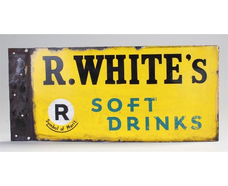 Enamel sign, R. Whites Soft Drinks, black and blue text on yellow, double sided, 51cm wide