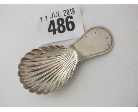 George III caddy spoon with wriggle work handle, 2.5"  long B'ham 1796       