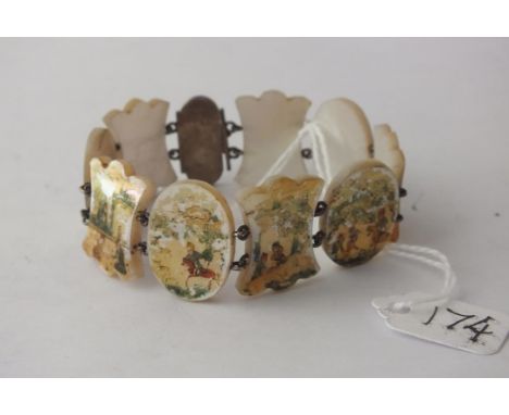 Painted m.o.p panel bracelet with Oriental scenes   