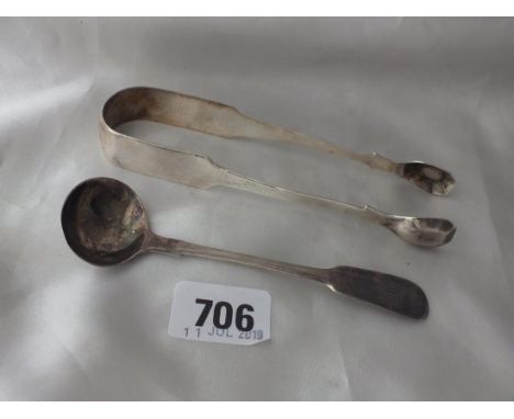 Exeter. Georgian fiddle pattern cream ladle, 1844 by  JO, also a pair of tongs 51g.      