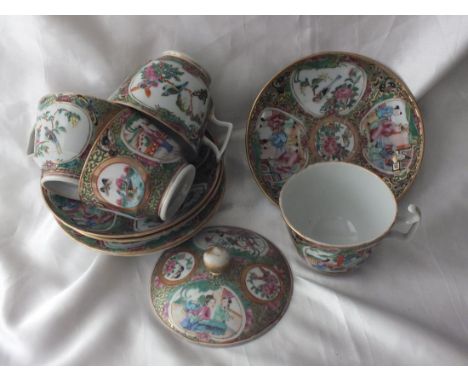 A set of four 19thC Canton tea cups and saucers, painted  with figures of birds, also a saucer and jar cover 4"  over handle 