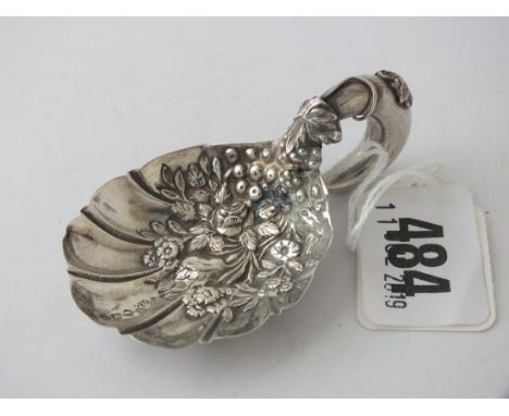 Victorian caddy spoon with floral embossed bowl,    2.5" over handle B'ham 1872 by GU     