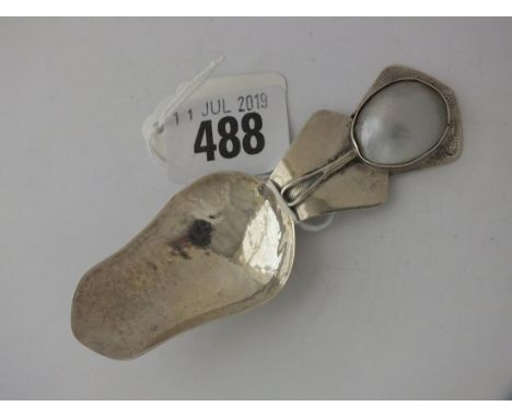 Arts and Crafts style caddy spoon with MOP panel,   4" long marked Sterling      