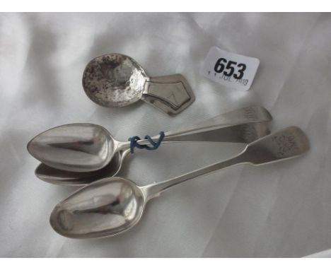 Pair of Georgian O.E. pattern tea spoons, Lon 1804  by PA &amp; W Bateman, etc. Including a metal caddy  spoon 50g.        