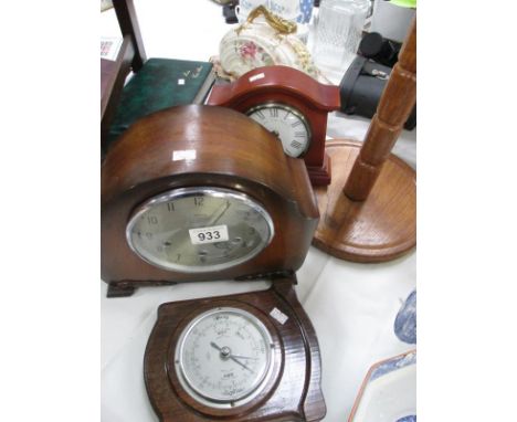 A Smith Mantel clock with key, an oak cased 1930s barometer and a modern mantel clock