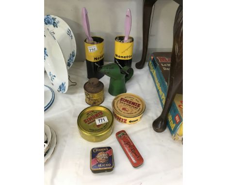 A quantity of collectors tins including Dunlop &amp; oil jug etc.