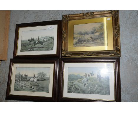 Selection of framed prints including hunting