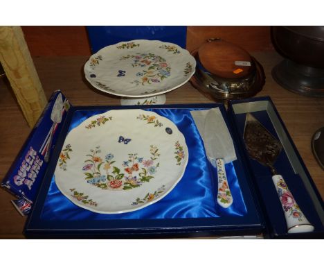 Ainsley Cottage Garden comport, silver plated lidded tureen, Royal Worcester cake slice and a Ainsley charger (boxed) 