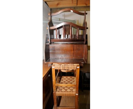 Two tier book shelf, magazine rack and two string top stools 