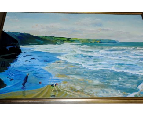 Large oil on canvas depicting coastal scene with children playing entitled Looking From Whitby Pier Towards Sandsend monogram