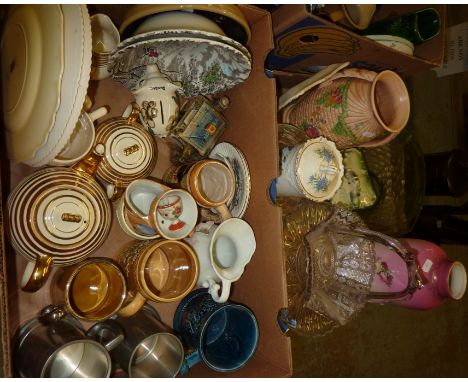 Two boxes of decorative ceramics and glass including ceramic steins, a Arthur Wood 'Garden Wall' twin handled vase, glass bas